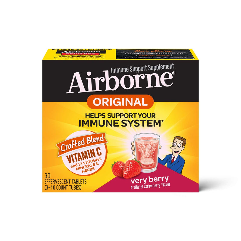 [Australia] - Airborne 1000mg Vitamin C with Zinc Effervescent Tablets, Immune Support Supplement with Powerful Antioxidants Vitamins A C & E - (30 count box), Very Berry Flavor, Fizzy Drink Tablets, Gluten-Free 
