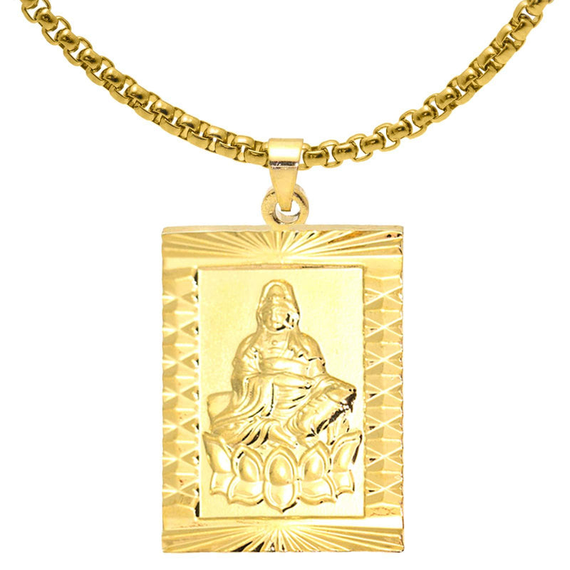 [Australia] - Fusamk Fashion Plated 18K Gold Buddha Dog Tag Pendant Guan Yin Necklace,22" Box Chain Plated Gold Guan Yin Dog Tag 