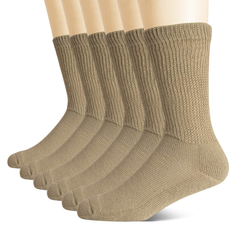 [Australia] - +MD Non-Binding Diabetic Socks for Men Women-6 Pairs Medical Circulatory Crew Socks with Cushion Sole Brown 9-11 
