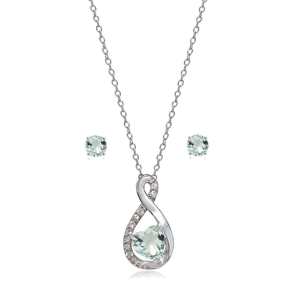 [Australia] - Lovve Sterling Silver Gemstone & White Topaz Infinity Heart Necklace Earrings Set Aquamarine 
