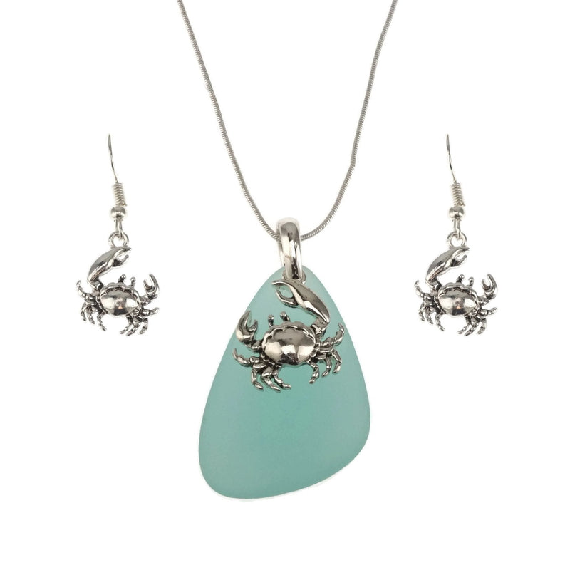 [Australia] - Jucicle Blue Sea Glass Pendant Long Necklace 27" and Earrings Set Crab - Aqua 