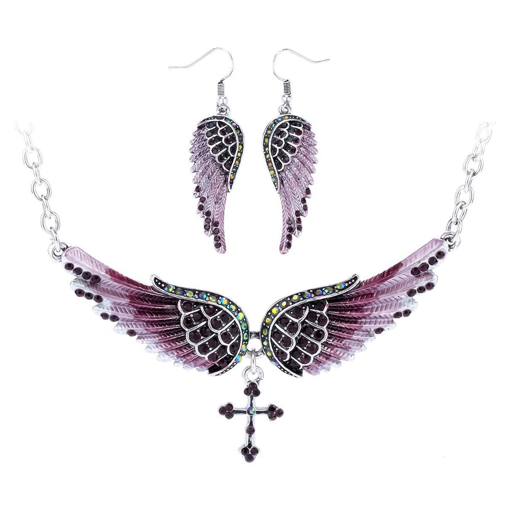 [Australia] - Szxc Jewelry Women's Crystal Guardian Angel Wings Cross Choker Pendant Necklaces 18"+2" Purple Earrings & Necklace 