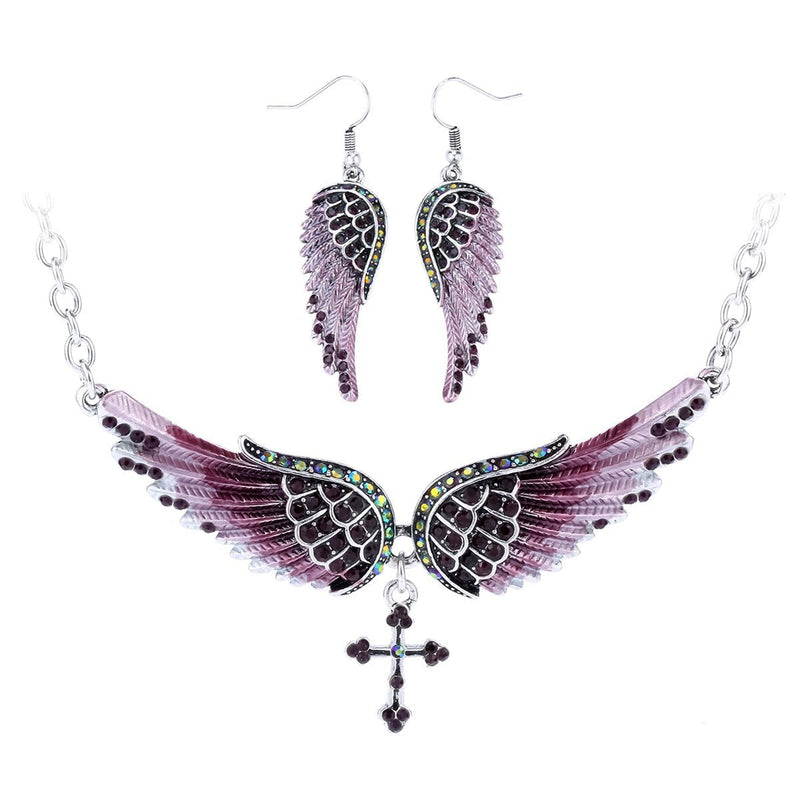 [Australia] - Szxc Jewelry Women's Crystal Guardian Angel Wings Cross Choker Pendant Necklaces 18"+2" Purple Earrings & Necklace 