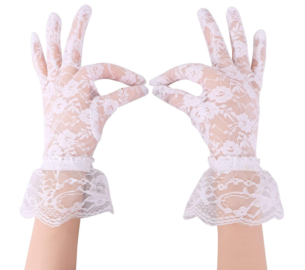 [Australia] - Livingston Women's Summer Elegant Dressy Short Lace Gloves White With Wrist Ruffle 