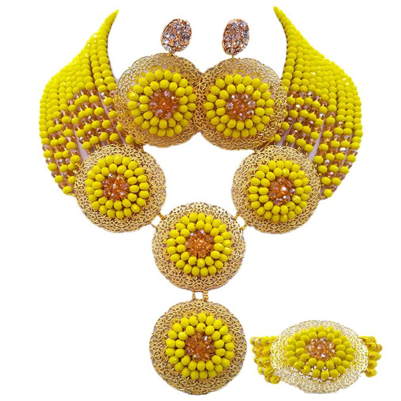 [Australia] - aczuv African Beads Jewelry Set Nigerian Wedding Necklace and Earrings for Women Yellow Gold AB 