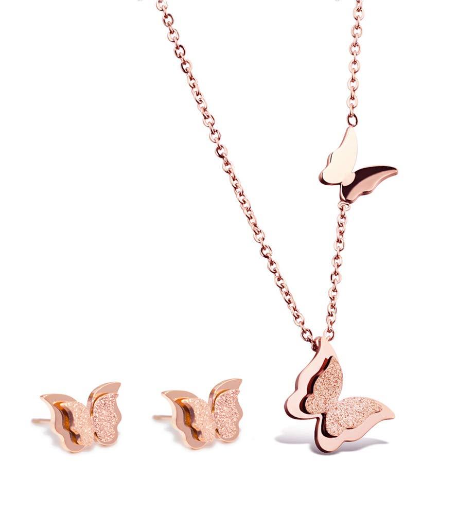 [Australia] - WDSHOW Rose Gold Stainless Steel Butterfly Pendant Necklace 16-18 inch Earring and Necklace (rose gold) 