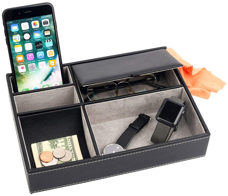 [Australia] - Mantello Leather Desktop Storage Organizer, Multi Catchall Tray, Valet Tray, Nightstand or Dresser Organizer - 5 Compartment Wallet, Phone, Keys, Jewelry, Money, Accessories - Anti-Scratch Felt Bottom 
