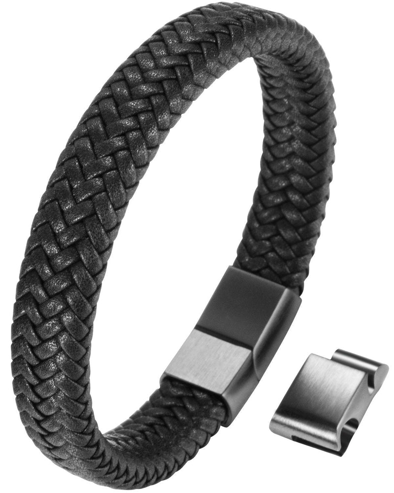 [Australia] - OSTAN Mens Bracelet Stainless Steel Braided Real Leather Bracelet with Cables Bracelet for Men 8.46 Inches 