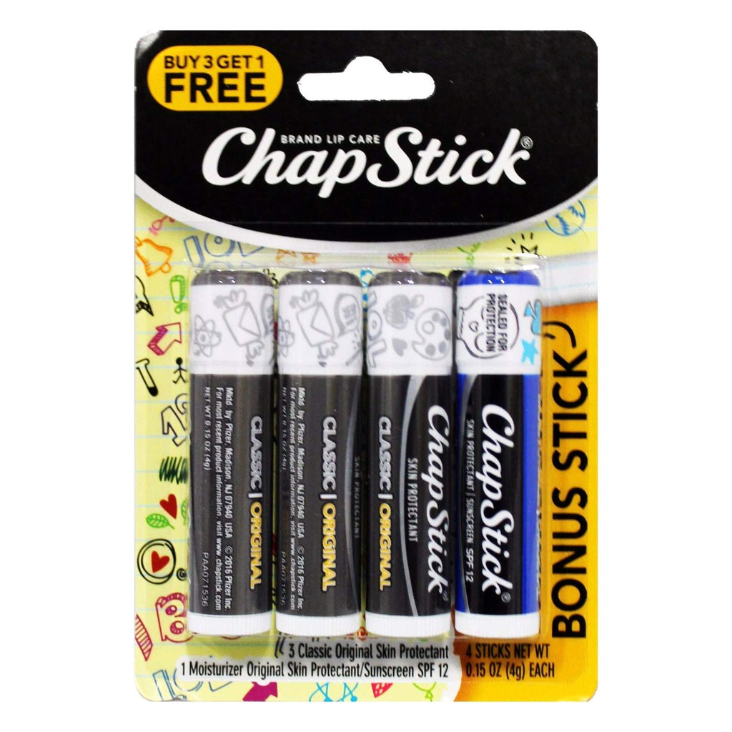[Australia] - ChapStick Bonus Pack 3 Classic Original Skin Protectant + 1 Moisturizer Original Skin Protectant/Sunscreen SPF 12 