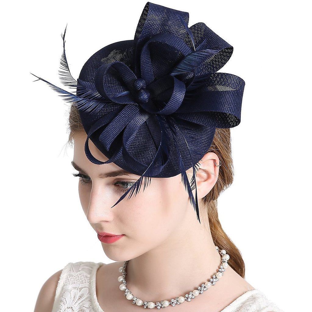 [Australia] - Sinamay Feather Fascinators Womens Pillbox Flower Derby Hat for Cocktail Ball Wedding Church Tea Party Navy Blue 