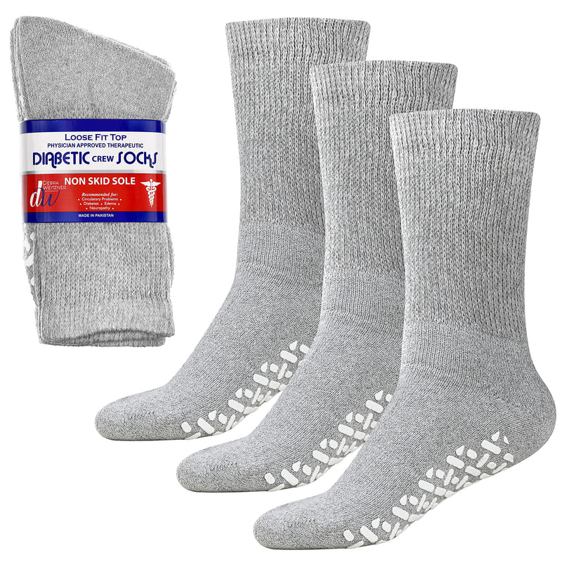 [Australia] - Debra Weitzner Non-Binding Loose Fit Sock - Non-Slip Diabetic Socks for Men and Women - Crew 3Pk Grey Crew Grey With Grips 9-11 