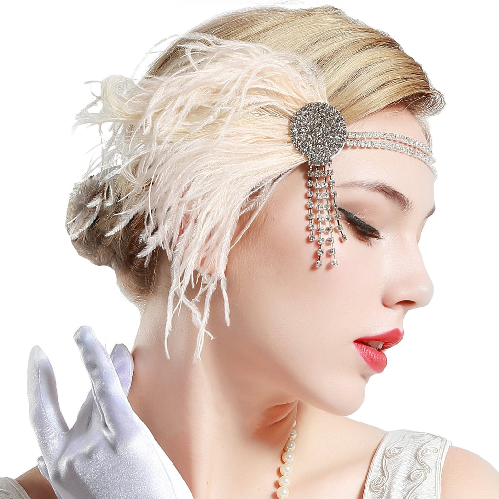 [Australia] - BABEYOND Vintage 1920s Flapper Headband Roaring 20s Great Gatsby Headpiece with Feather 1920s Flapper Gatsby Hair Accessories Apricot 