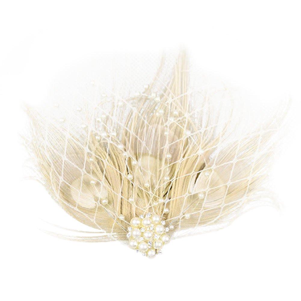 [Australia] - Song Qing Feather Hair Clip 1920s Flapper Fascinator Wedding Headwear Bridal Headpiece Beige 