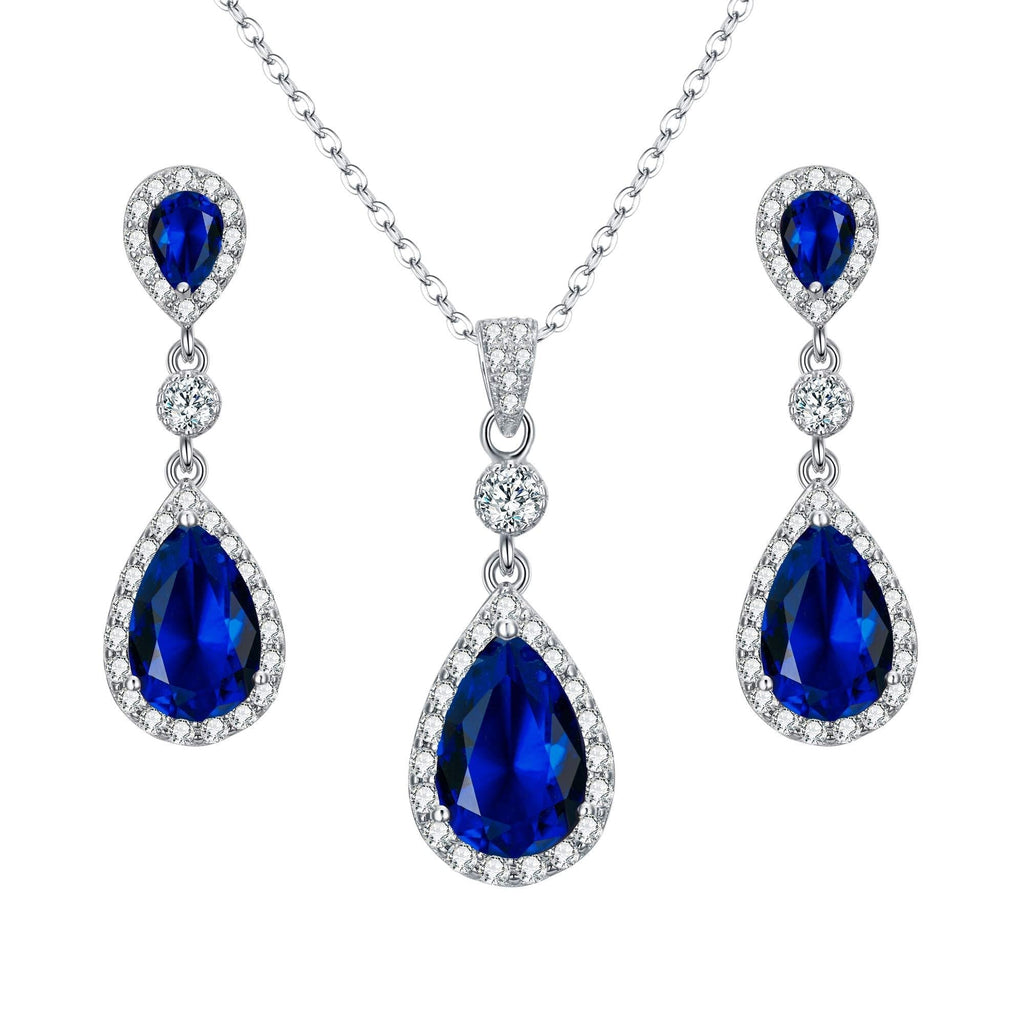 [Australia] - EleQueen 925 Sterling Silver Full Cubic Zirconia Teardrop Bridal Pendant Necklace Dangle Earrings Set Sapphire Color 