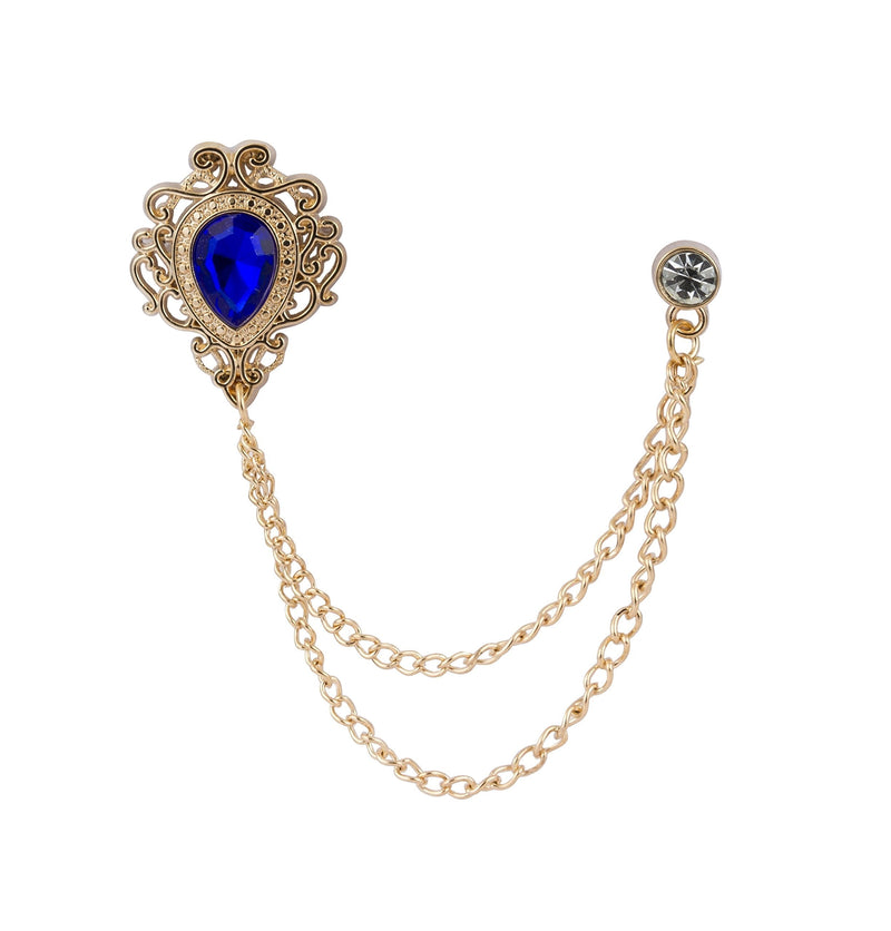 [Australia] - Knighthood Men's Royal Blue Stone with Gold Engraving and Swarovski Chain Brooch Golden 