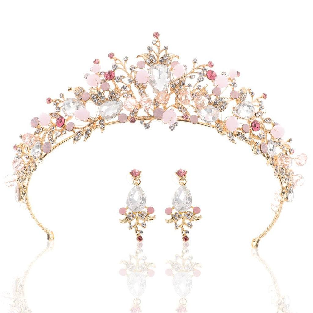 [Australia] - Yean Gold Wedding Crown Bridal Tiaras with Earrings Pink Purple Headband for Women and Girls (Pink) 