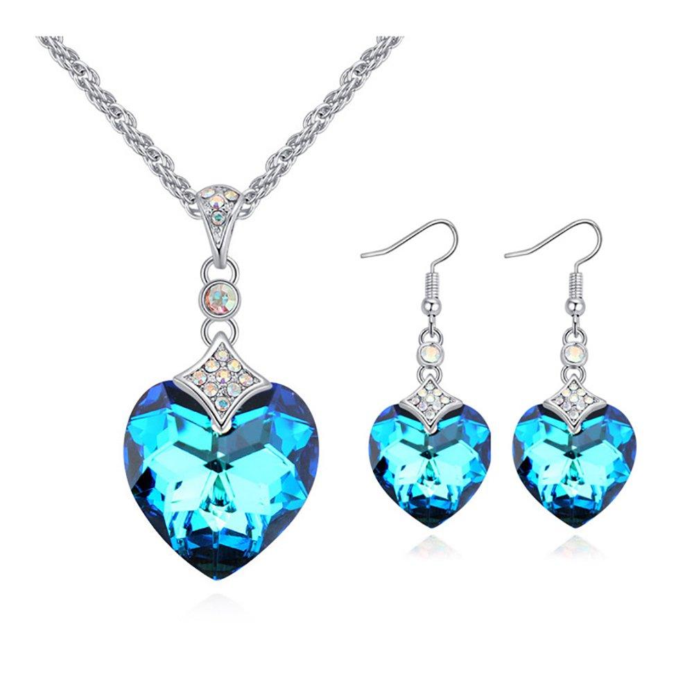 [Australia] - Youfir 925 Sterling Silver Swarovski Elements Heart of Ocean Pendant Necklace Earrings Sets for Gifts Style-b 