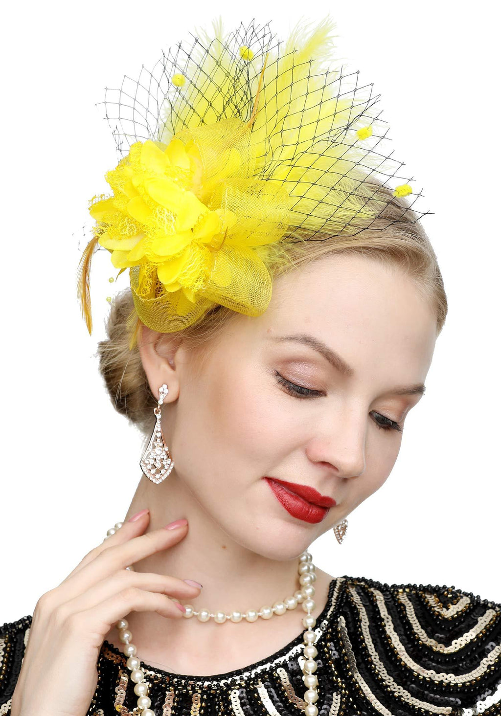 [Australia] - Fascinators Hats for Women with Hair Clip Tea Party Hats Feather Wedding Headware Bridal 1920s Headpiece 21-yellow 