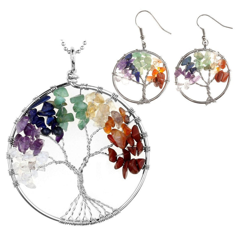 [Australia] - Jovivi 7 Chakras Healing Crystal Quartz Tree of Life Necklace & Earrings Jewelry Set Set 1 