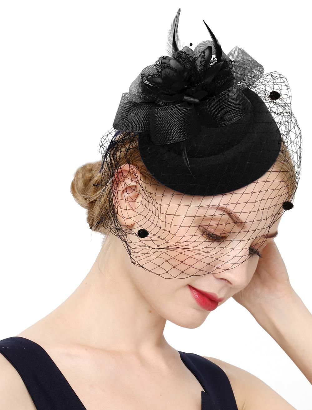 [Australia] - Cizoe Fascinator Hair Clip Pillbox Hat Bowler Feather Flower Veil Wedding Party Hat Tea Hat 1-a-black1 