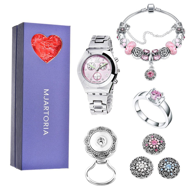 [Australia] - MJartoria Gifts for Her Jewelry Set, Rhinestone Wristwatch, Charm Bracelet, Magnetic Brooch Pins Holdder, Rhinestone Ring Mothers Day for Wife,Mom,Daughter silver-5pcs 