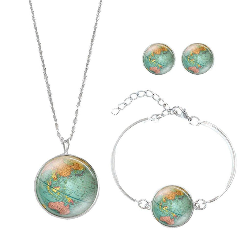 [Australia] - Meiligo Retro Personalized World Map Necklace Bracelet Earring Jewelry Globe Signs Circular Tag Pendant Jewelry 