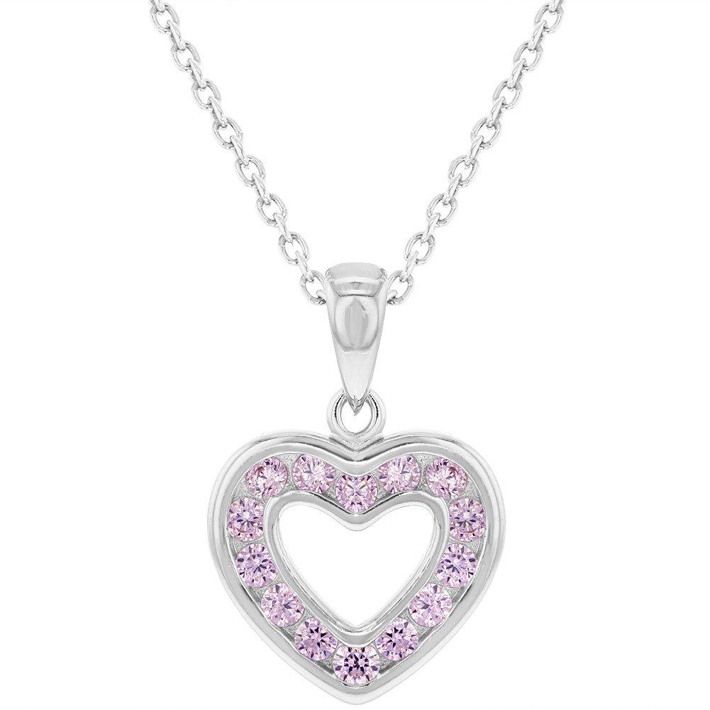 [Australia] - 925 Sterling Silver CZ Small Open Heart Pendant Necklace for Girls 16" Pink 