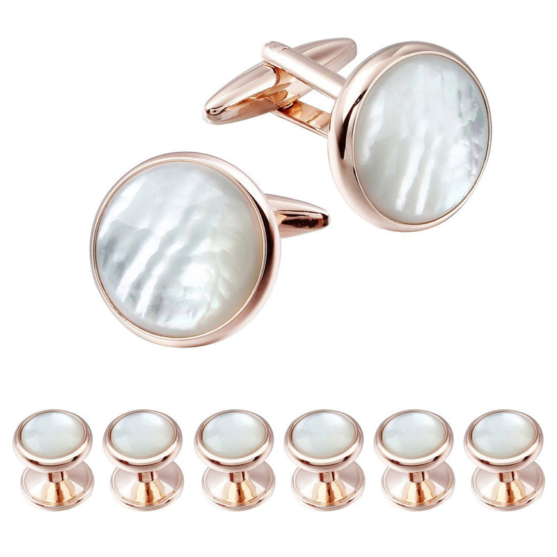 [Australia] - Mens Mother of Pearl Cufflinks and Dress Studs Set for Wedding Party Rose Gold & Beige 