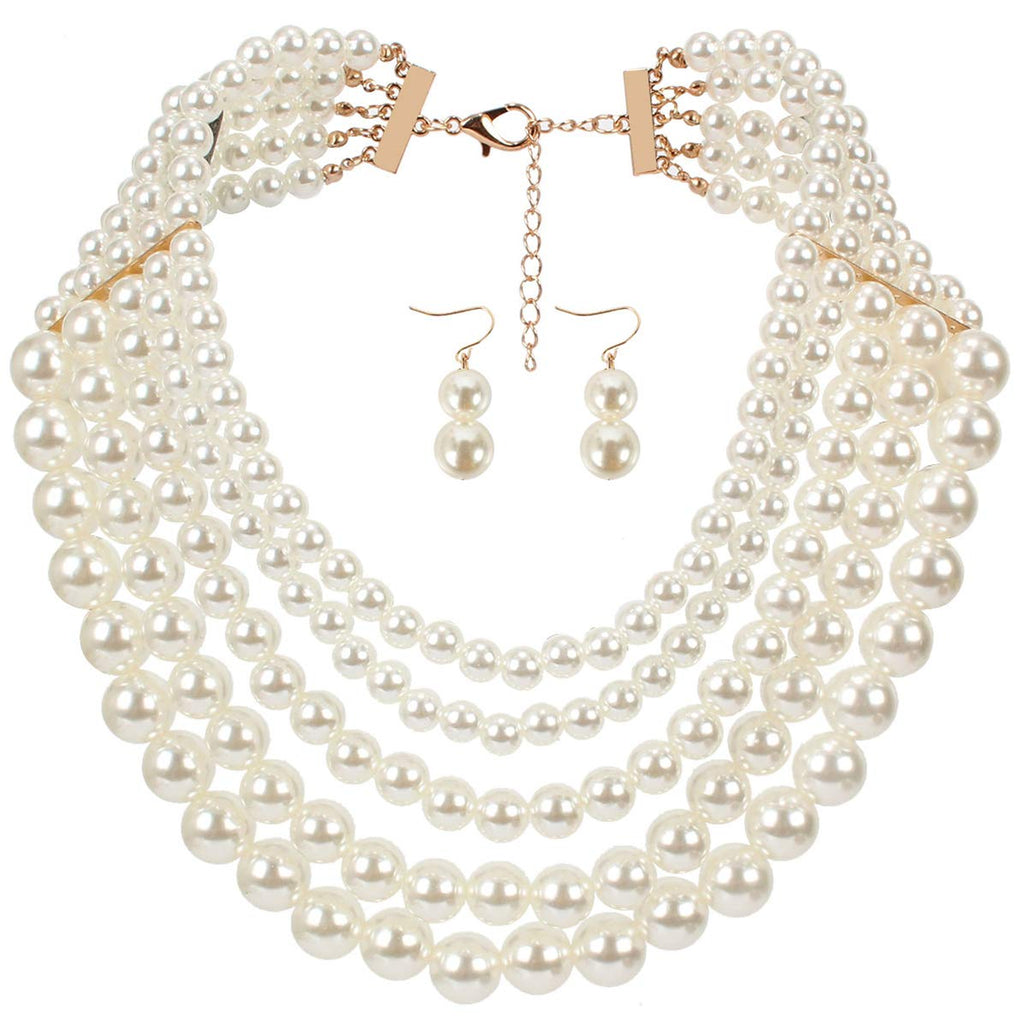 [Australia] - Thkmeet Women Elegant 5 Layer Pearl Bead Cluster Collar Choker Necklace and Earrings Set White 