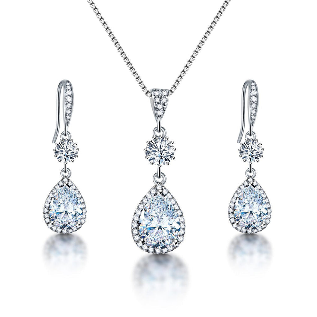 [Australia] - AMYJANE Elegant Jewelry Set for Women - Silver Teardrop Clear Cubic Zirconia Crystal Rhinestone Drop Earrings and Necklace Bridal Jewelry Sets Best Gift for Bridesmaids Angle Tears 