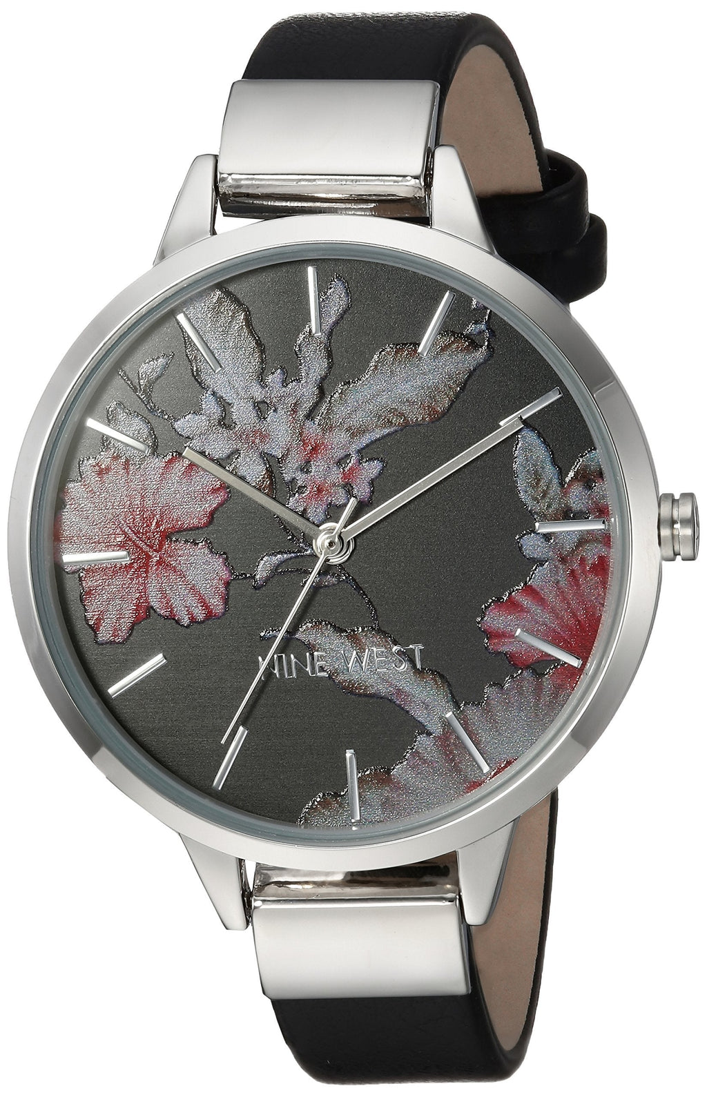 [Australia] - Nine West Women's Floral Dial Strap Watch Black/Silver 