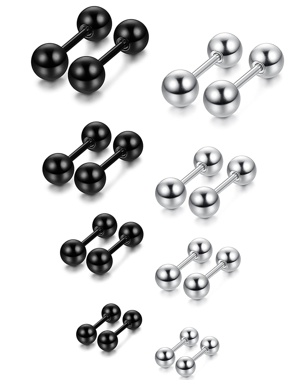 [Australia] - LOYALLOOK 8 Pairs Stainless Steel Ball Stud Earrings Barbell Cartilage Helix Ear Piercing 3-6mm 2 Colors 18G (4 pairs white+4 pairs black) 