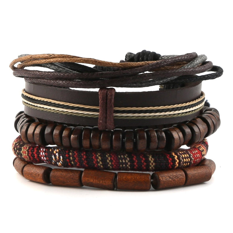 [Australia] - HZMAN Wrap Bracelets Men Women, Hemp Cords Wood Beads Ethnic Tribal Bracelets, Leather Wristbands Classic Style 