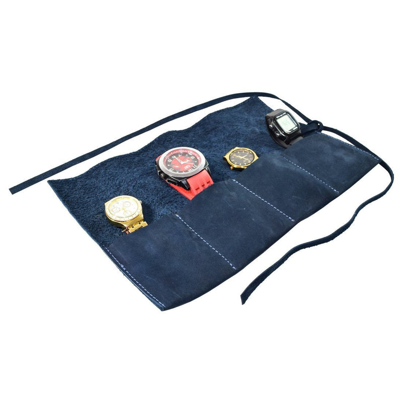 [Australia] - Hide & Drink, Durable Leather Travel Watch Roll Organizer Holds Up To 4 Watches, Handmade Includes 101 Year Warranty :: Blue Suede 