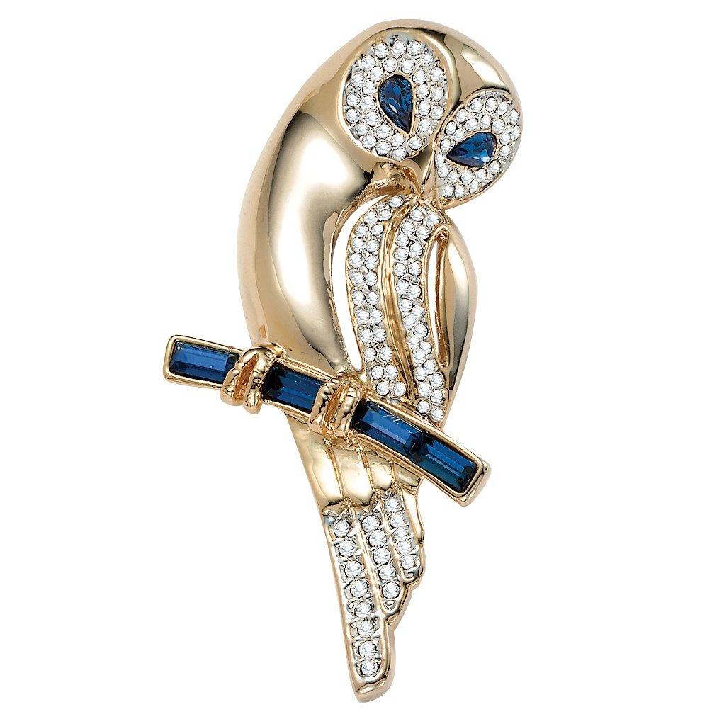 [Australia] - Goldtone Pear Cut Simulated Blue Sapphire and White Crystal Owl Pin, 2.5 inch Length 