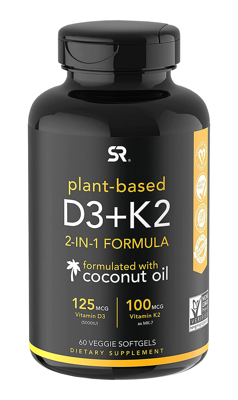 [Australia] - Sports Research Vegan Vitamin D3 + K2 Supplement with Organic Coconut Oil - 5000iu Vitamin D with 100mcg Mk7 Vitamin K - Supports Calcium for Stronger Bones & Immune Health - 60 Softgels for Adults D3 + K2 (5,000 IU) 60 Count (Pack of 1) 