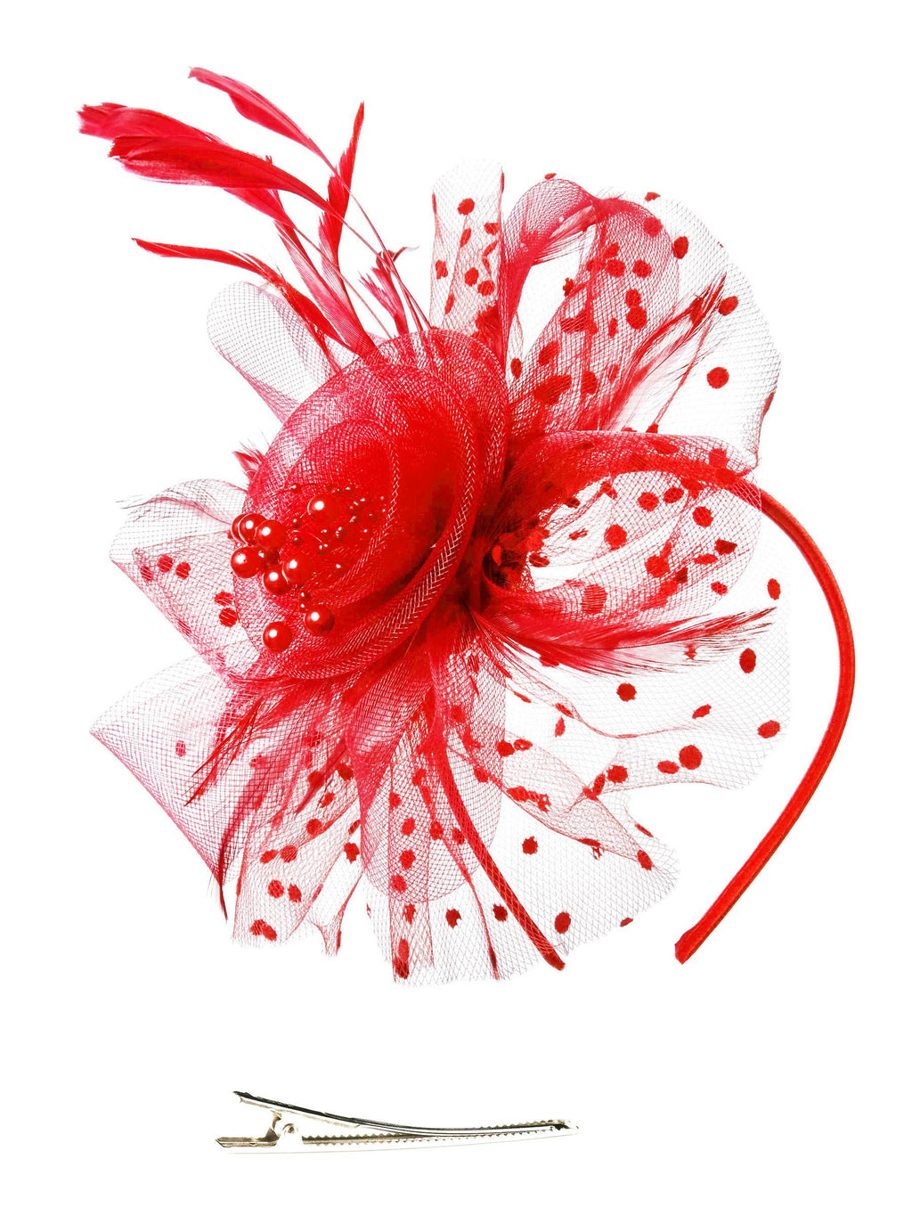 [Australia] - Fascinators Hat for Women Tea Party Headband Kentucky Derby Wedding Cocktail Flower Mesh Feathers Hair Clip 1-red 