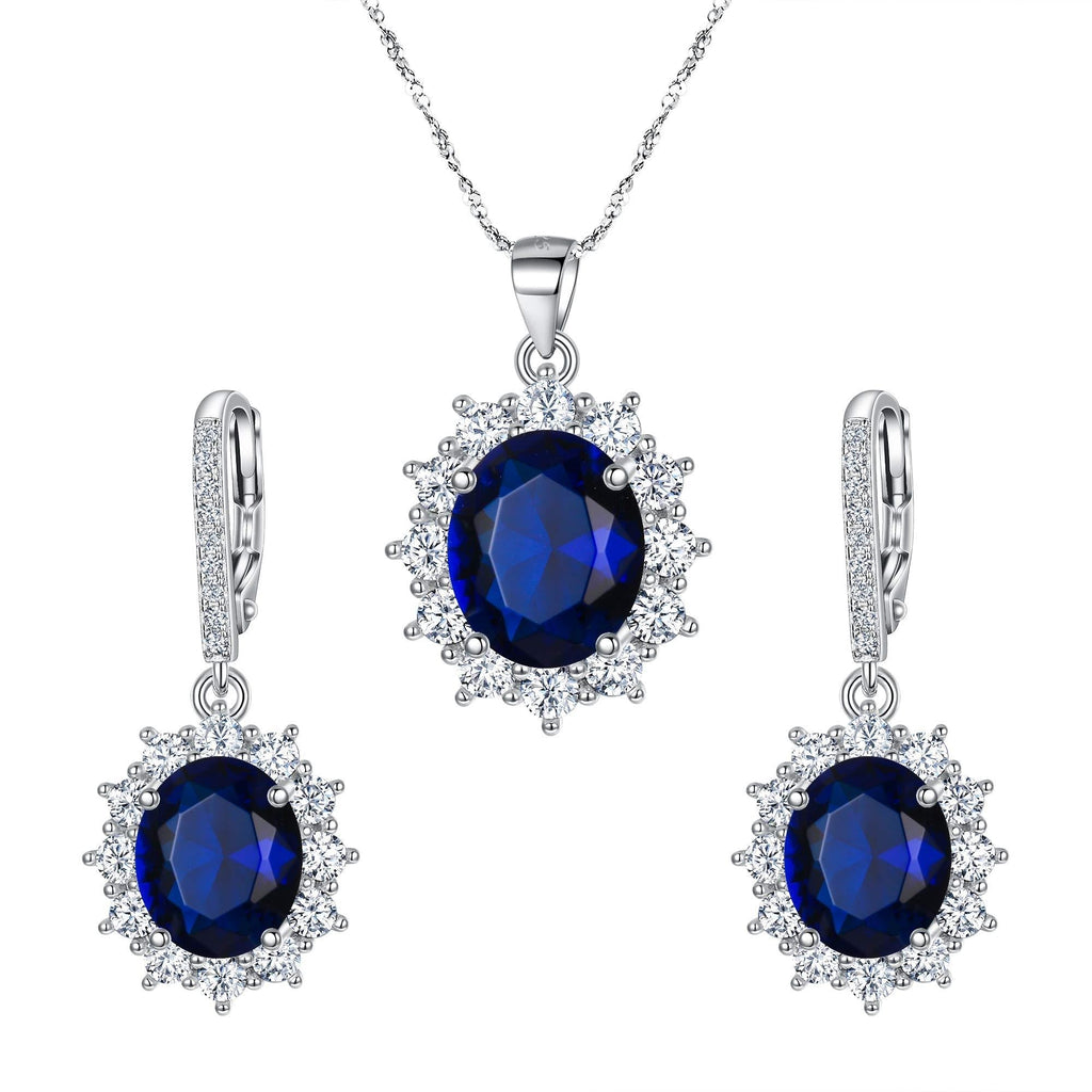 [Australia] - EVER FAITH 925 Sterling Silver CZ Elegant Flower Prong Setting Pendant Necklace Earrings Set Blue 