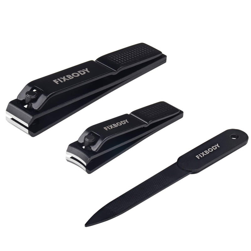 [Australia] - FIXBODY Nail Clipper Set – Black Stainless Steel Fingernails & Toenails Clippers & Nail File Sharp Nail Cutter with Leather Case, Set of 3 (Straight & Curved) 
