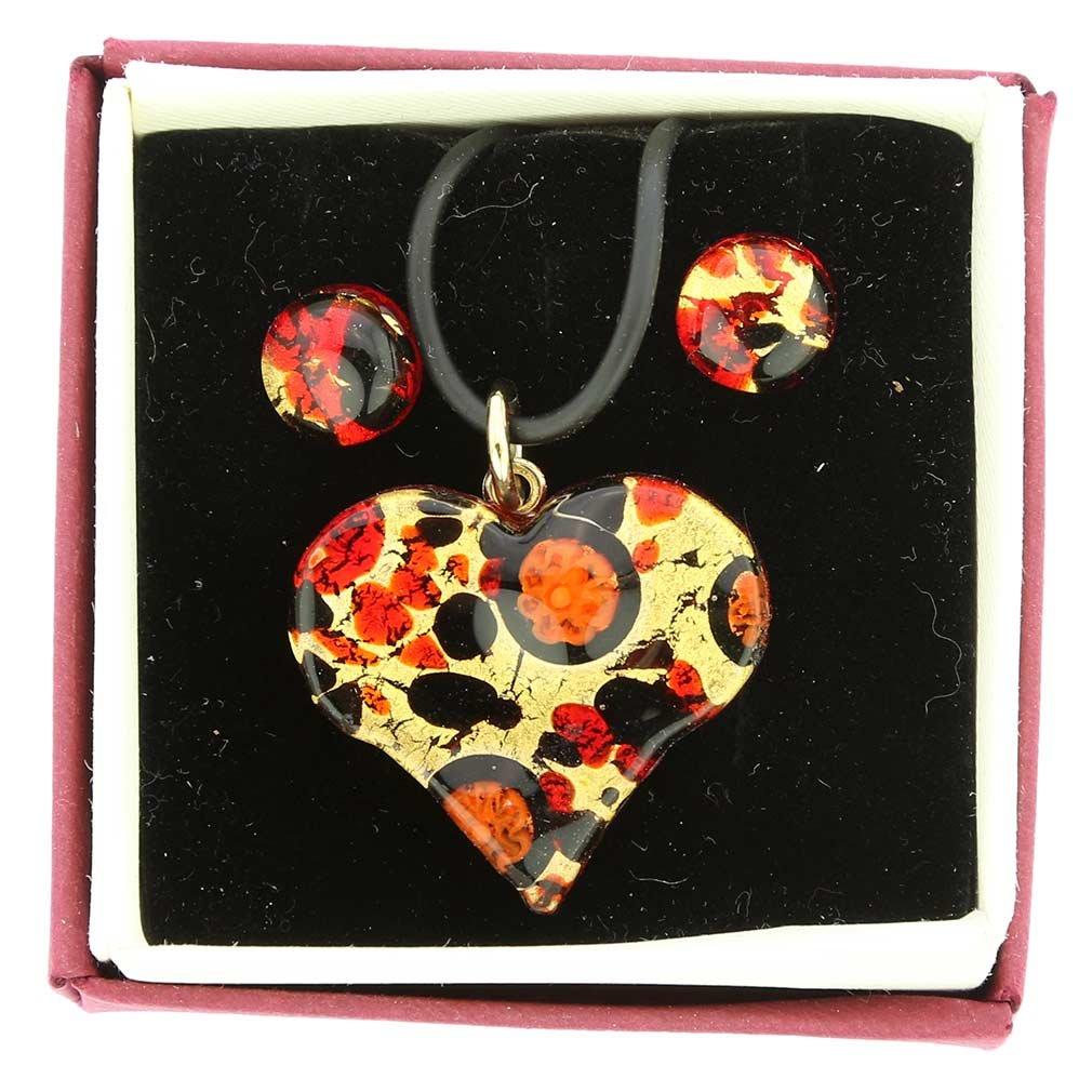 [Australia] - GlassOfVenice Murano Glass Venetian Reflections Heart Necklace and Earrings Set - Black Red 