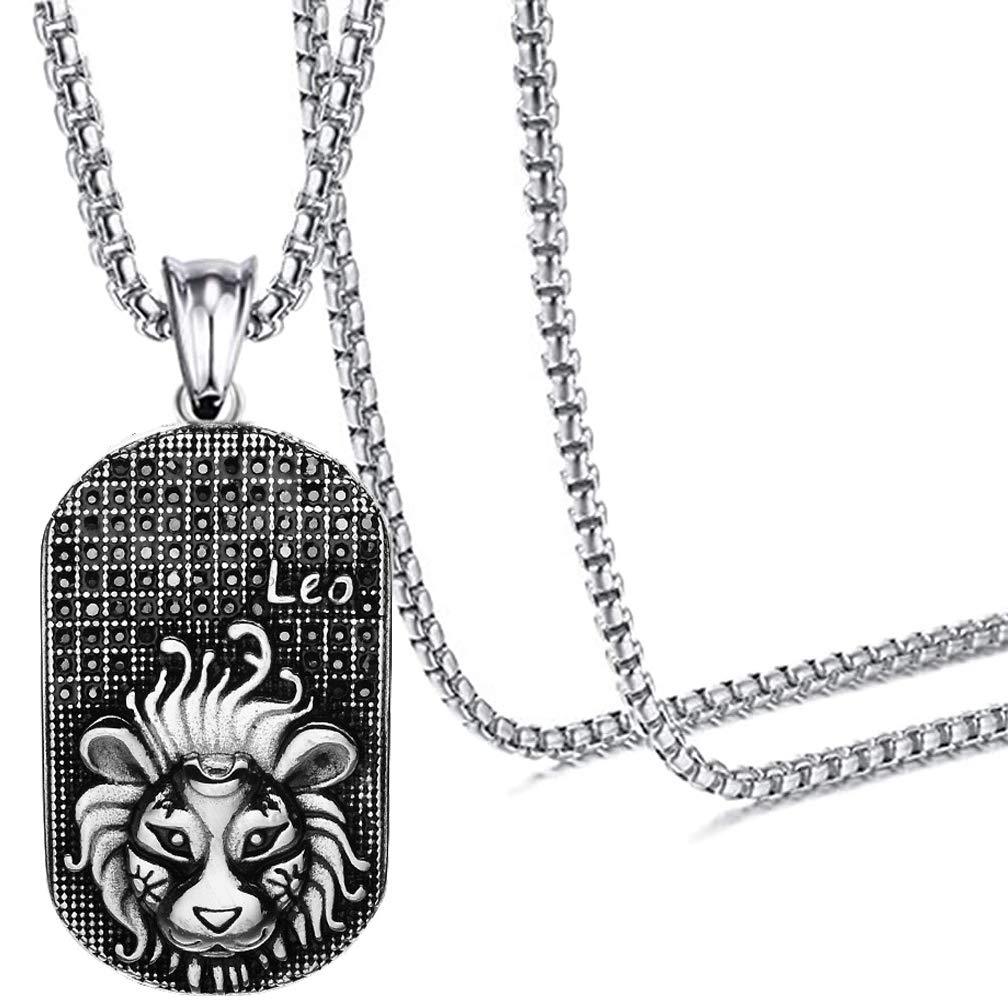 [Australia] - Xusamss Punk Rock Titanium Steel Twelve Constellation Dog Tag Pendant Crystal Necklace,24" Box Chain Leo 