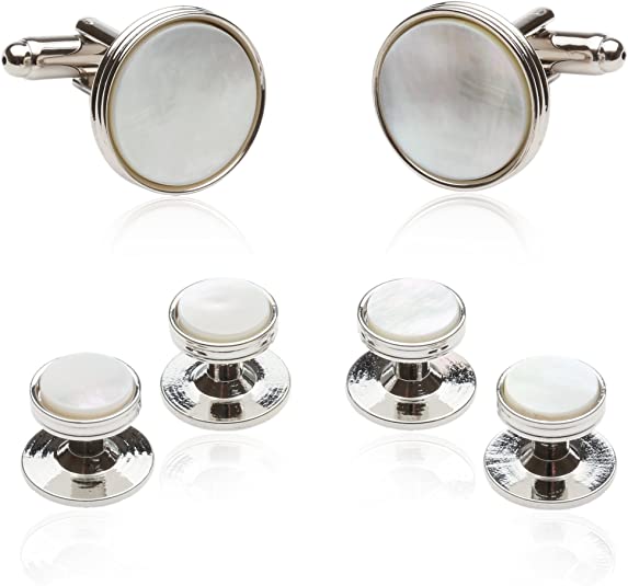 [Australia] - HAWSON Mother of Pearl Man Tuxedo Shirt Studs and Cufflinks Set for Wedding Business SILVER TONE- MOP 
