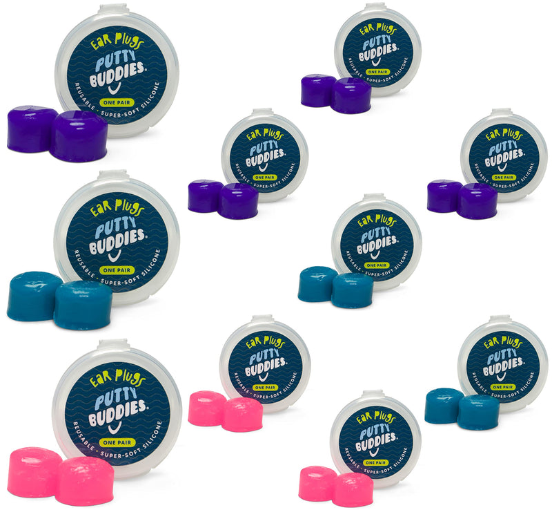 [Australia] - Putty Buddies Ear Plugs 10-Pair Pack - Soft Silicone Ear Plugs for Swimming & Bathing - Invented by ENT Physician - Block Water - Premium Swimming Earplugs - Doctor Recommended Purple/Teal/Magenta 