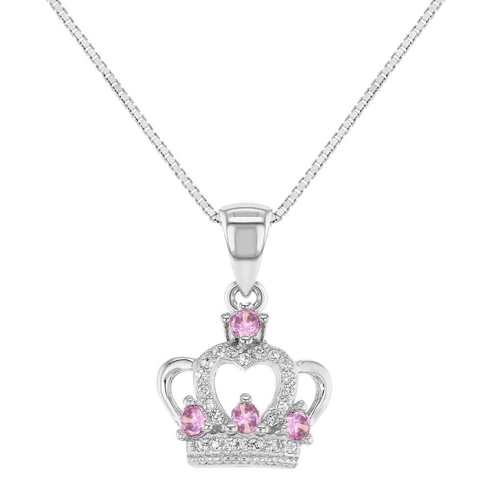 [Australia] - 925 Sterling Silver Clear Pink CZ Princess Crown Necklace Pendant Girls Kids 16" 