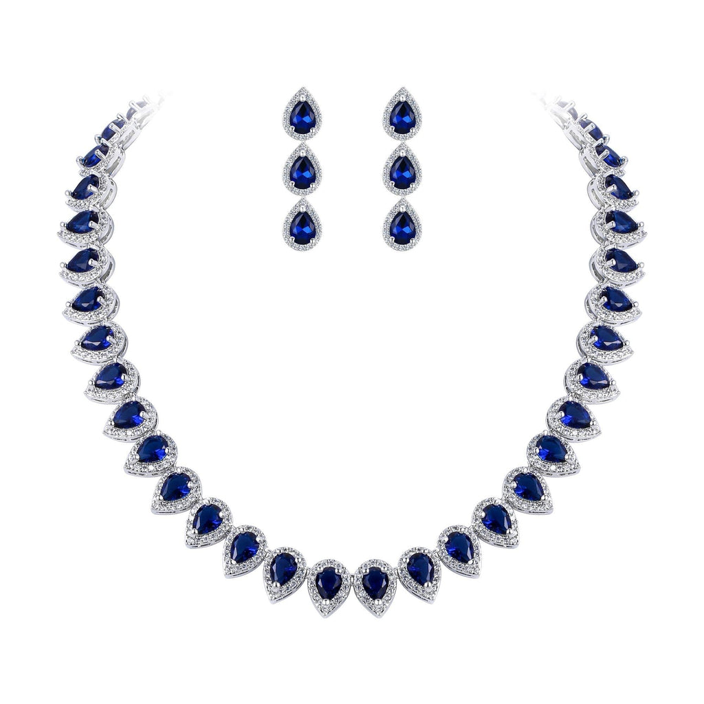 [Australia] - EleQueen Women's Silver-Tone Full Prong Cubic Zirconia Teardrop Bridal Necklace Earrings Set Sapphire Color 