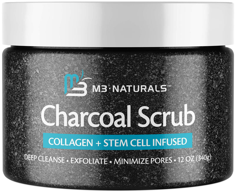 [Australia] - M3 Naturals Charcoal Exfoliating Body Scrub with Collagen & Stem Cell - Gentle Body Exfoliator, Face Scrub, Bump Eraser, Booty Scrub - Best Shower Scrub - Skin Exfoliant for Men & Women 12 oz 
