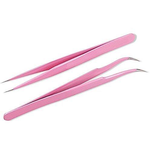[Australia] - Onwon 2 Pcs Pink Stainless Steel Tweezers for Eyelash Extensions, Straight and Curved Tip Tweezers Nippers, False Lash Application Tools 