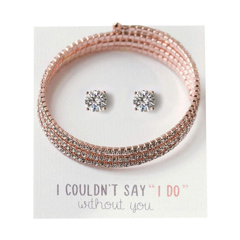 [Australia] - A+O Wedding Jewelry Bridesmaid Jewelry, Pearl Bangle Bracelet in Silver, Gold or Rose Gold Bracelet + Earrings, Rose Gold 