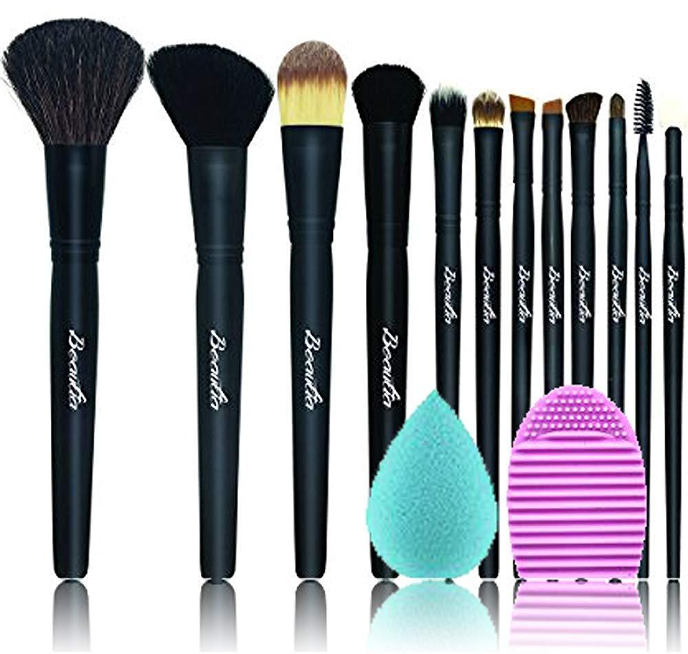 [Australia] - Beautia 12pcs Professional Makeup Brush Set, Natural Hair, Bonus Gift (Makeup Brush Cleaning Mat) 