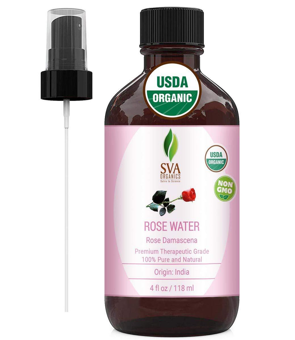 [Australia] - USDA Certified Organic Rose Water Facial Toner (118 ml) 4 Oz - 100% Pure Natural, Unrefined by SVA Organics | Aromatherapy Reduce Dark Circles, Pores, Wrinkle, Moisturizer, Skin Care 